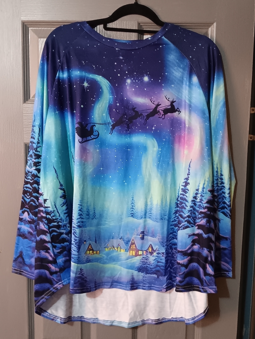 Aurora Santa Sleigh Long Sleeve Top - Blue Green Holiday Scene